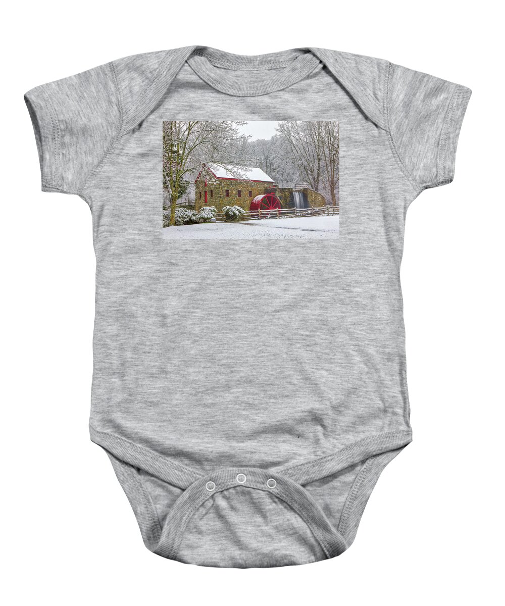 Wayside Inn Grist Mill Baby Onesie featuring the photograph Snow Covered Country Scenery of the Sudbury Grist Mill by Juergen Roth