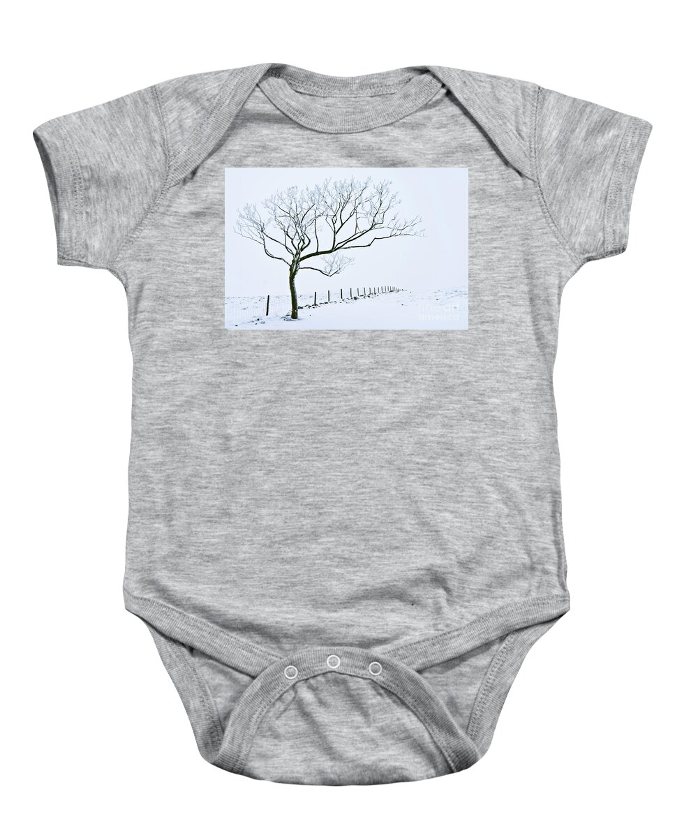 Peak District Baby Onesie featuring the photograph Snow covered tree and fence, Peak District, England by Neale And Judith Clark