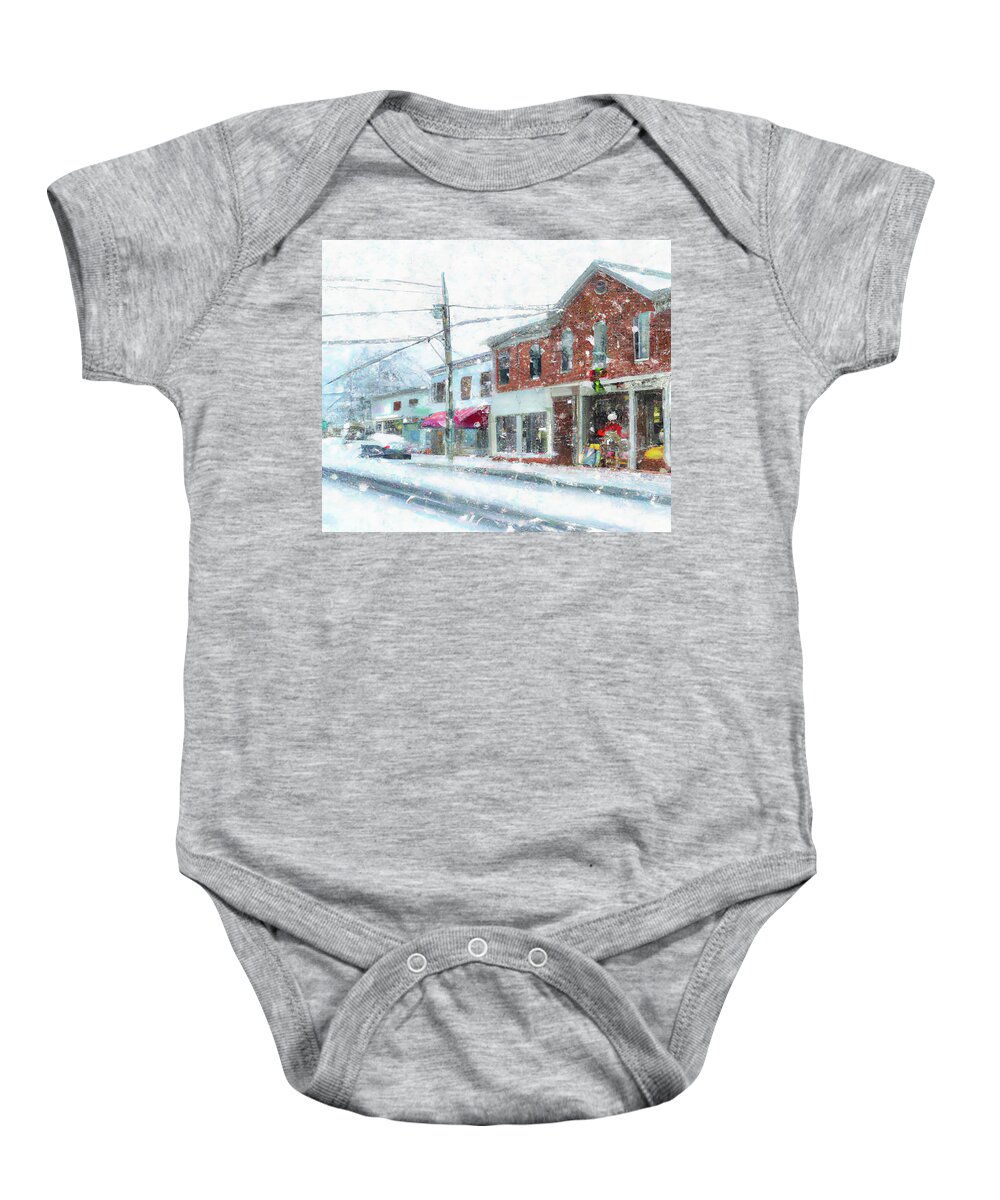 Snow Baby Onesie featuring the digital art Snow on Main Street by Alison Frank