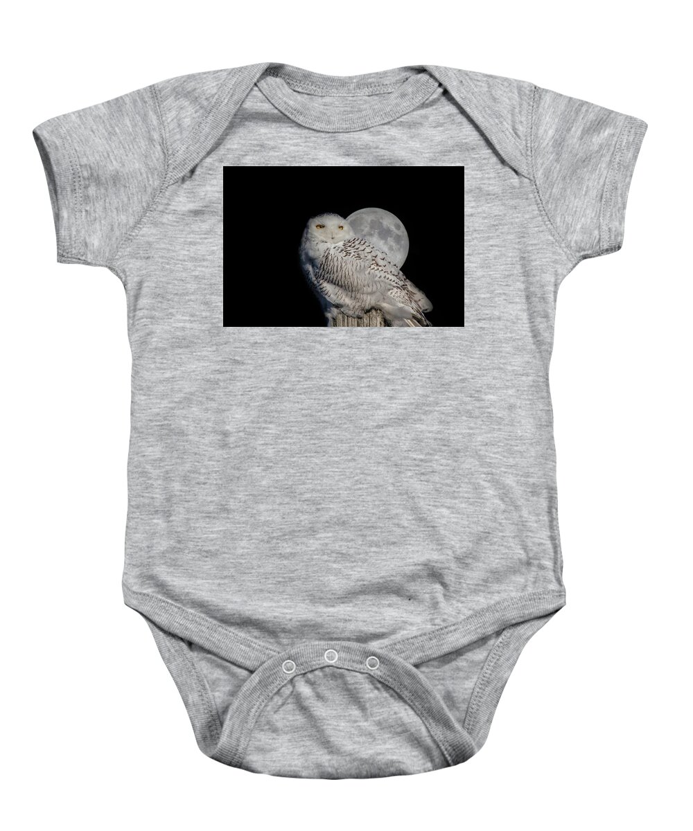 Animals Baby Onesie featuring the photograph Snowy Owl on the Moon by Jeff Folger