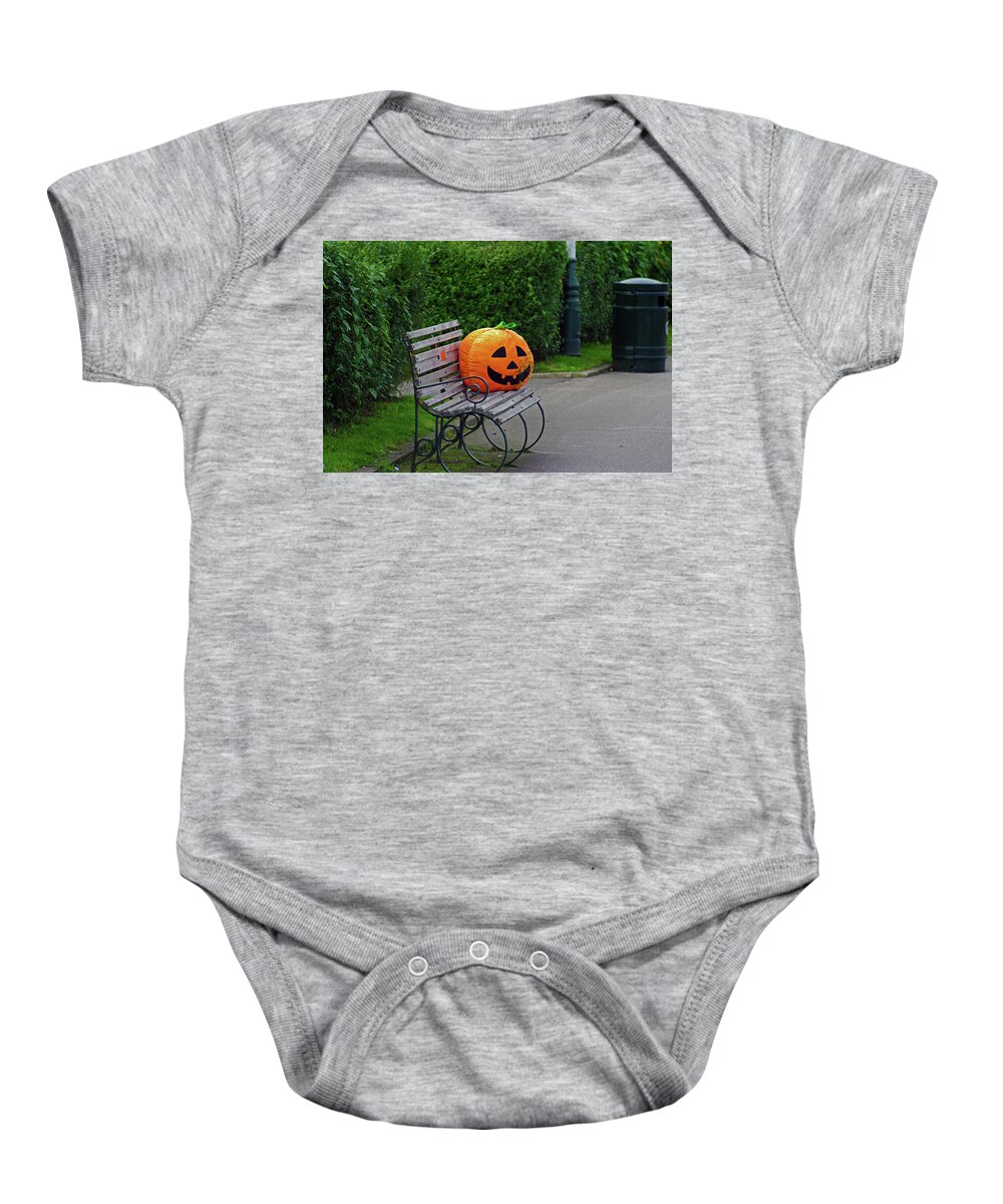 Southport Baby Onesie featuring the photograph SOUTHPORT. Pumpkin On A Bench. by Lachlan Main