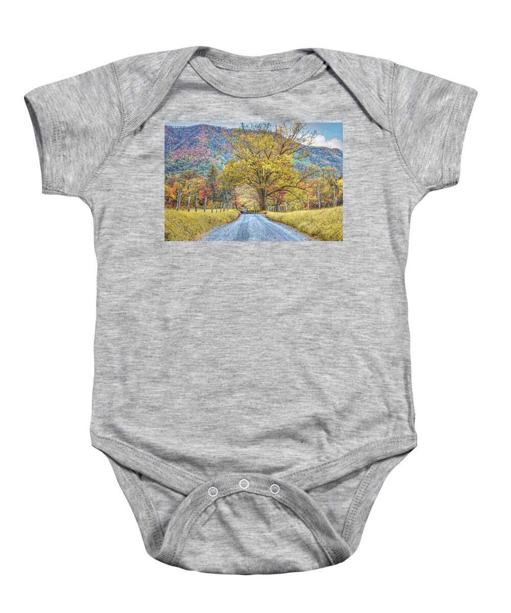 Barns Baby Onesie featuring the photograph Sparks Lane in Autumn at Cades Cove Townsend Tennessee by Debra and Dave Vanderlaan