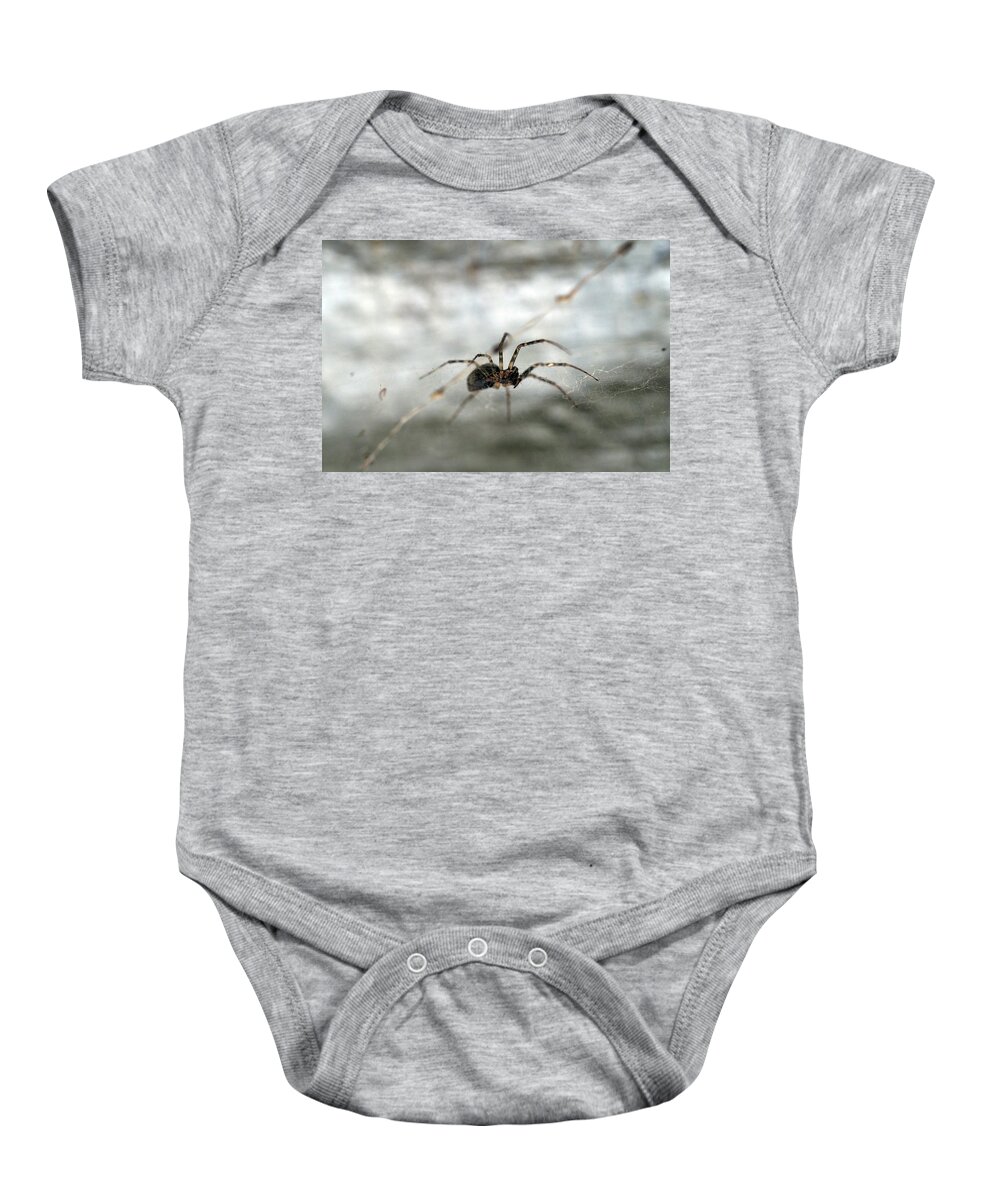 Spider Baby Onesie featuring the painting Spider on its web by Sv Bell