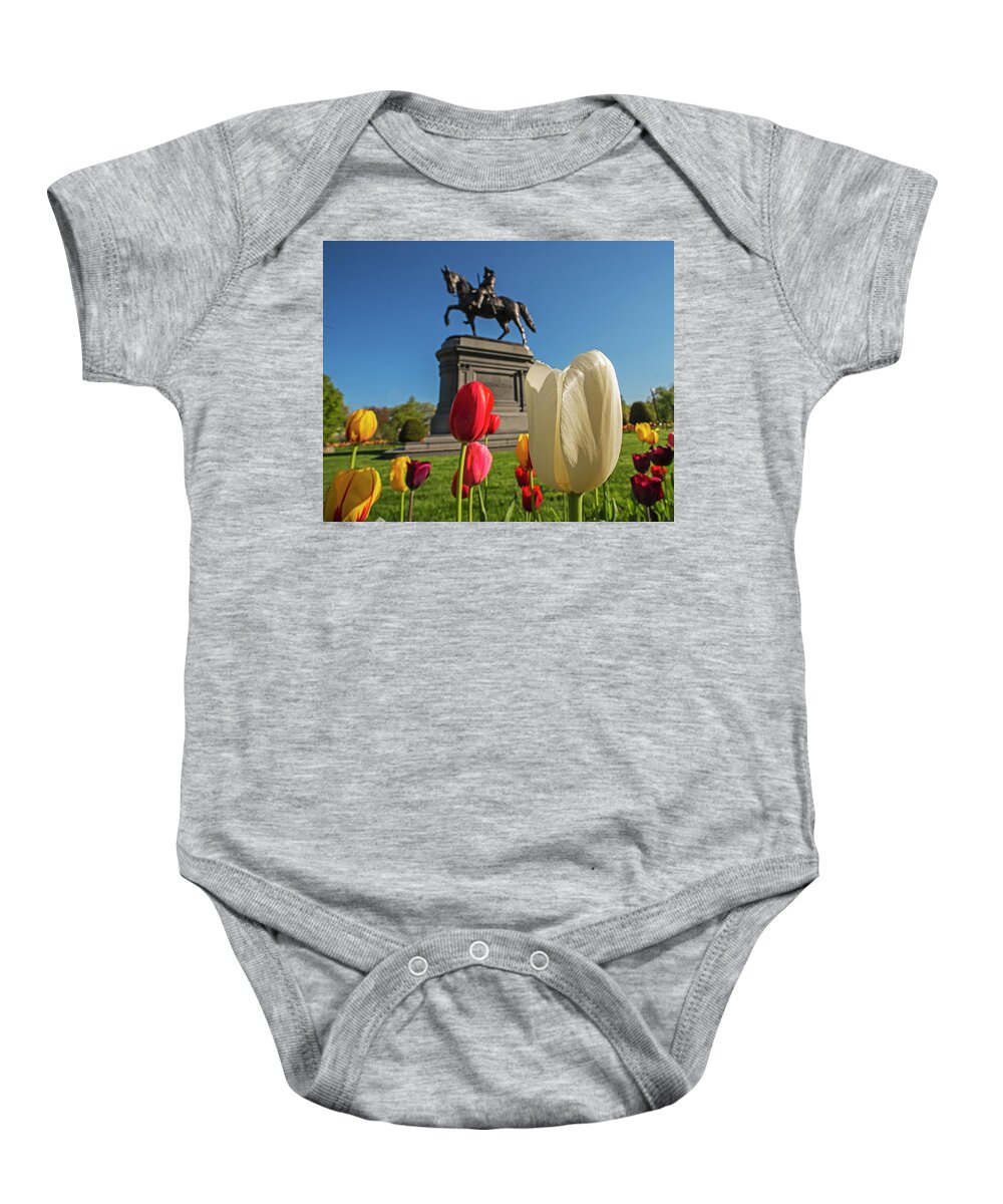 Boston Baby Onesie featuring the photograph Springtime in the Boston Public Garden White Tulip Boston MA by Toby McGuire