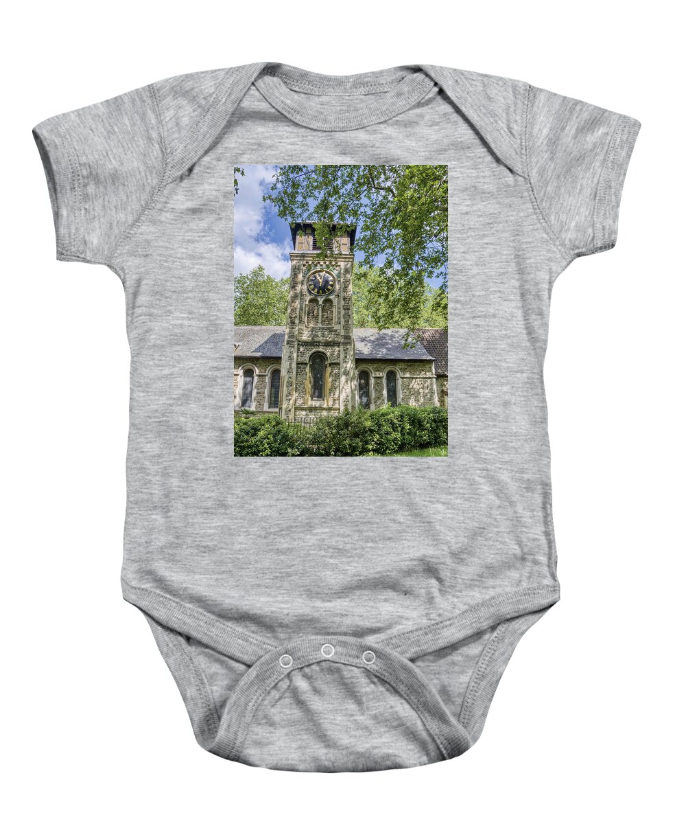 St Baby Onesie featuring the photograph St Pancras Old Church Clock Tower by Raymond Hill