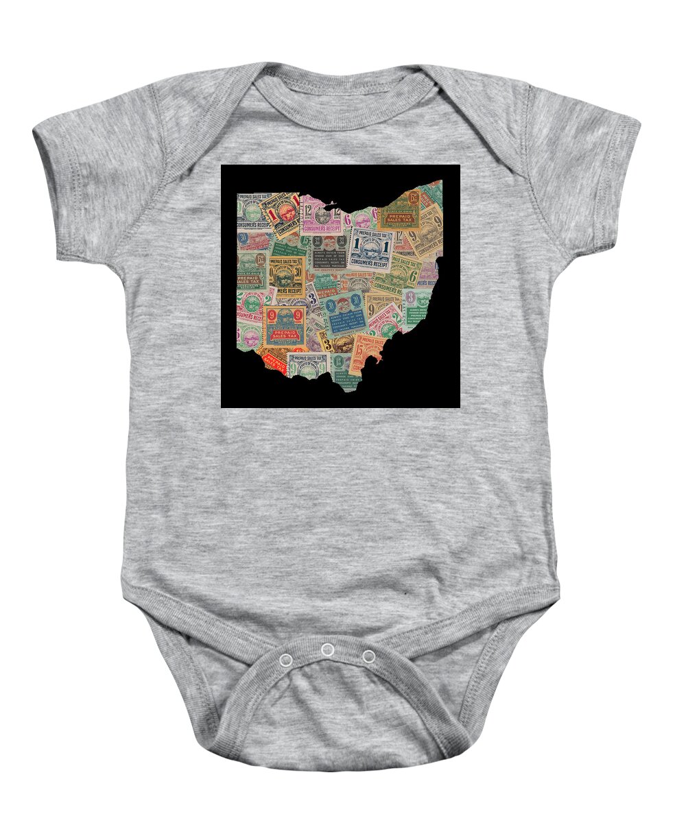 Ohio State Baby Onesie featuring the mixed media State of Ohio Sales Tax Stamps on Black Background by Pheasant Run Gallery