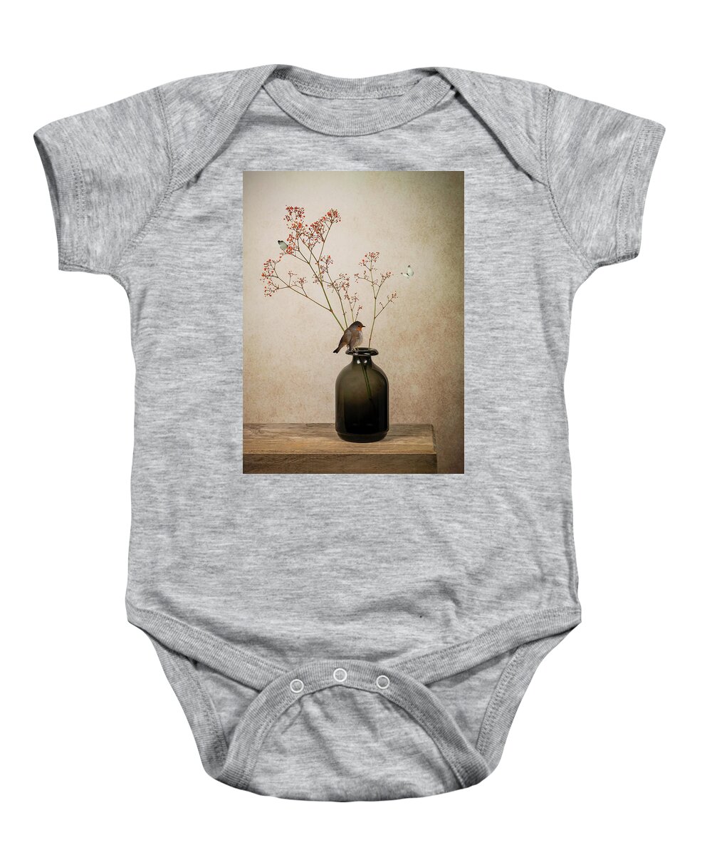 Robin Baby Onesie featuring the digital art Still life vase with gypsophila and Robin by Marjolein Van Middelkoop