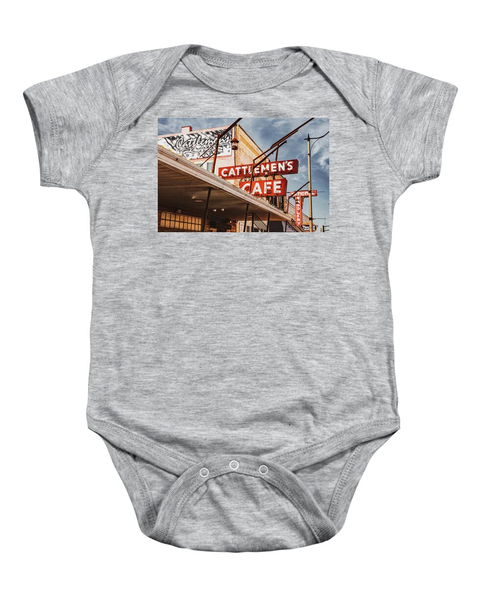 Oklahoma City Baby Onesie featuring the photograph Stockyard City Skyline and Cattlemens Steakhouse Neon Sign - Oklahoma City by Gregory Ballos