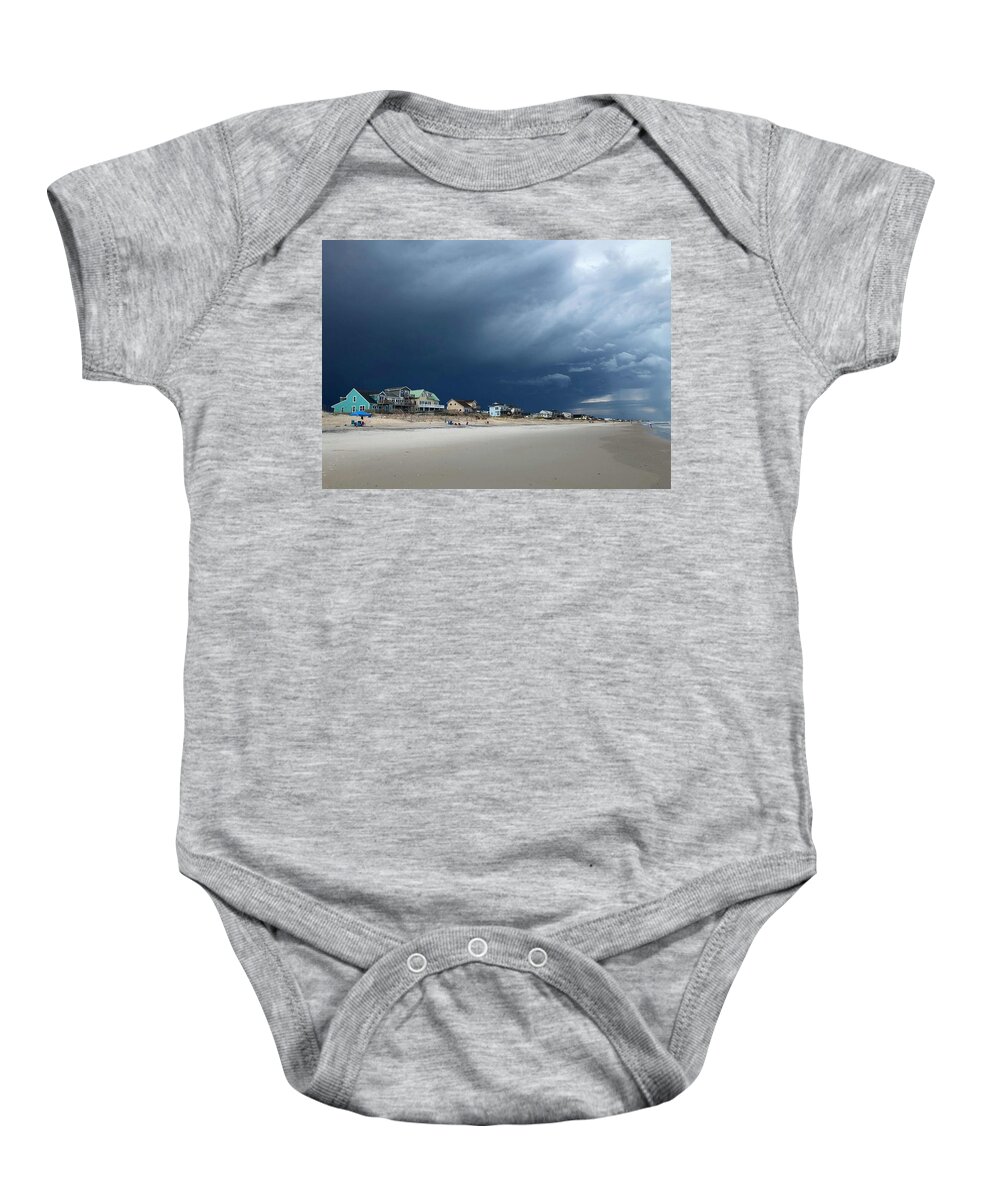 Beach Storm Baby Onesie featuring the photograph Storm Over Beach Cottages by Shirley Galbrecht