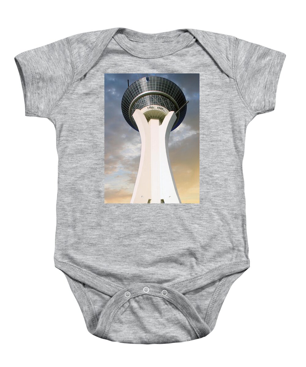 Strat Baby Onesie featuring the photograph Strat Skytower Vegas by Chris Smith