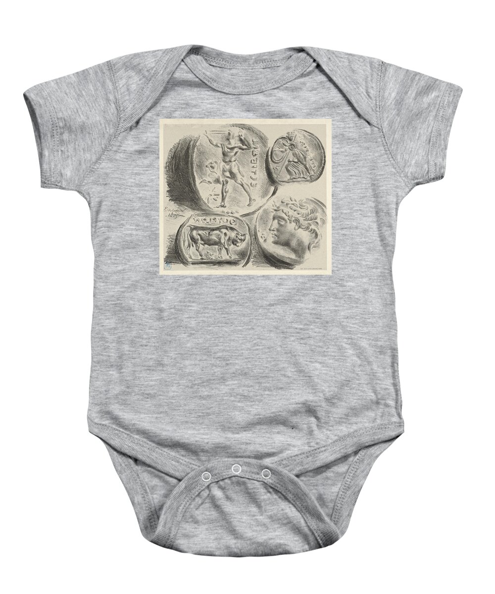 Eugene Delacroix Baby Onesie featuring the drawing Studies of Four Greek Coins by Eugene Delacroix