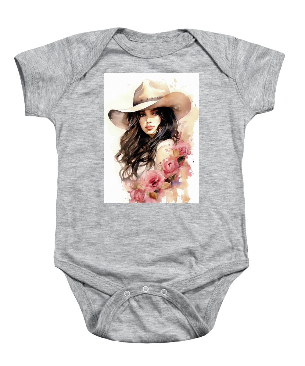 Yellowstone Baby Onesie featuring the painting Sultry Cowgirl 3 by Tina LeCour