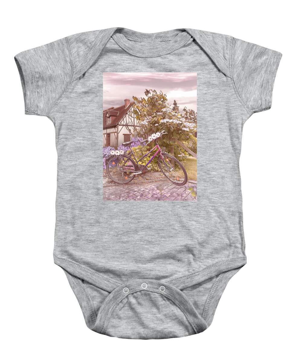 Barns Baby Onesie featuring the photograph Summer Cycling in Farmhouse Flowers by Debra and Dave Vanderlaan