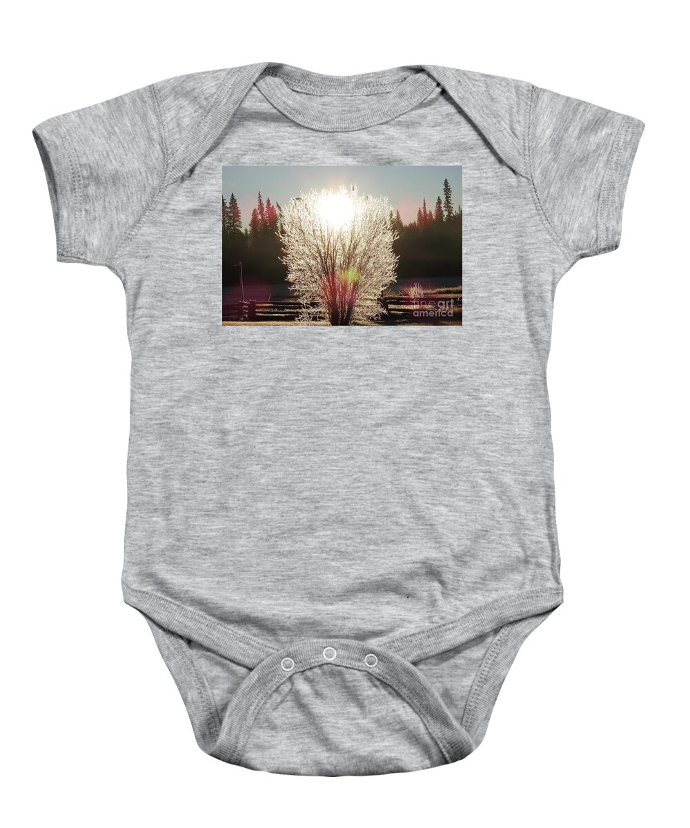 Sunrise Baby Onesie featuring the photograph Sunrise on the meadow. by Nicola Finch