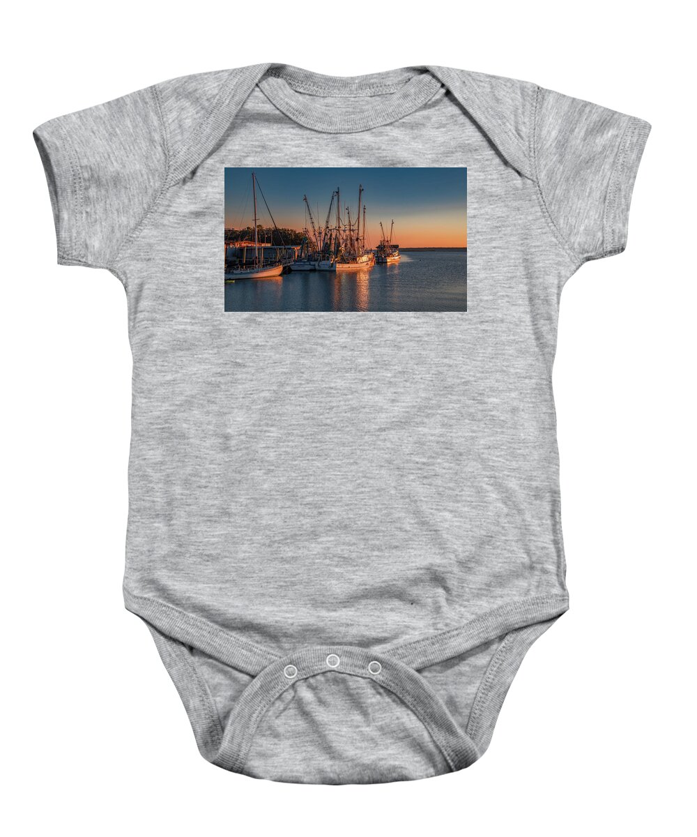 Sunset Baby Onesie featuring the photograph Sunset at Shem Creek, Charleston by Marcy Wielfaert