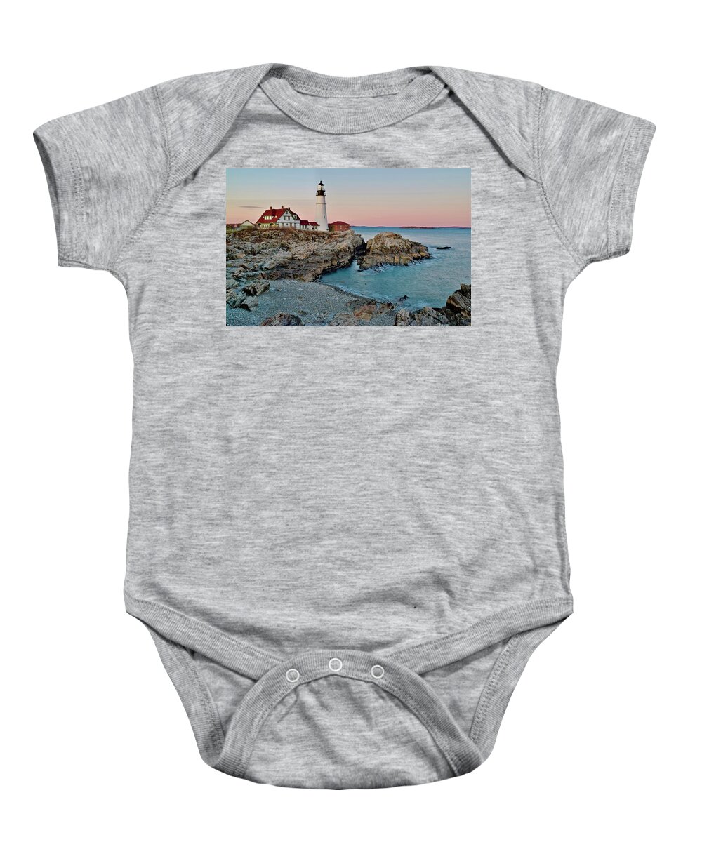 Lighthouse Baby Onesie featuring the photograph Sunset in Cape Elizabeth Maine by Frozen in Time Fine Art Photography