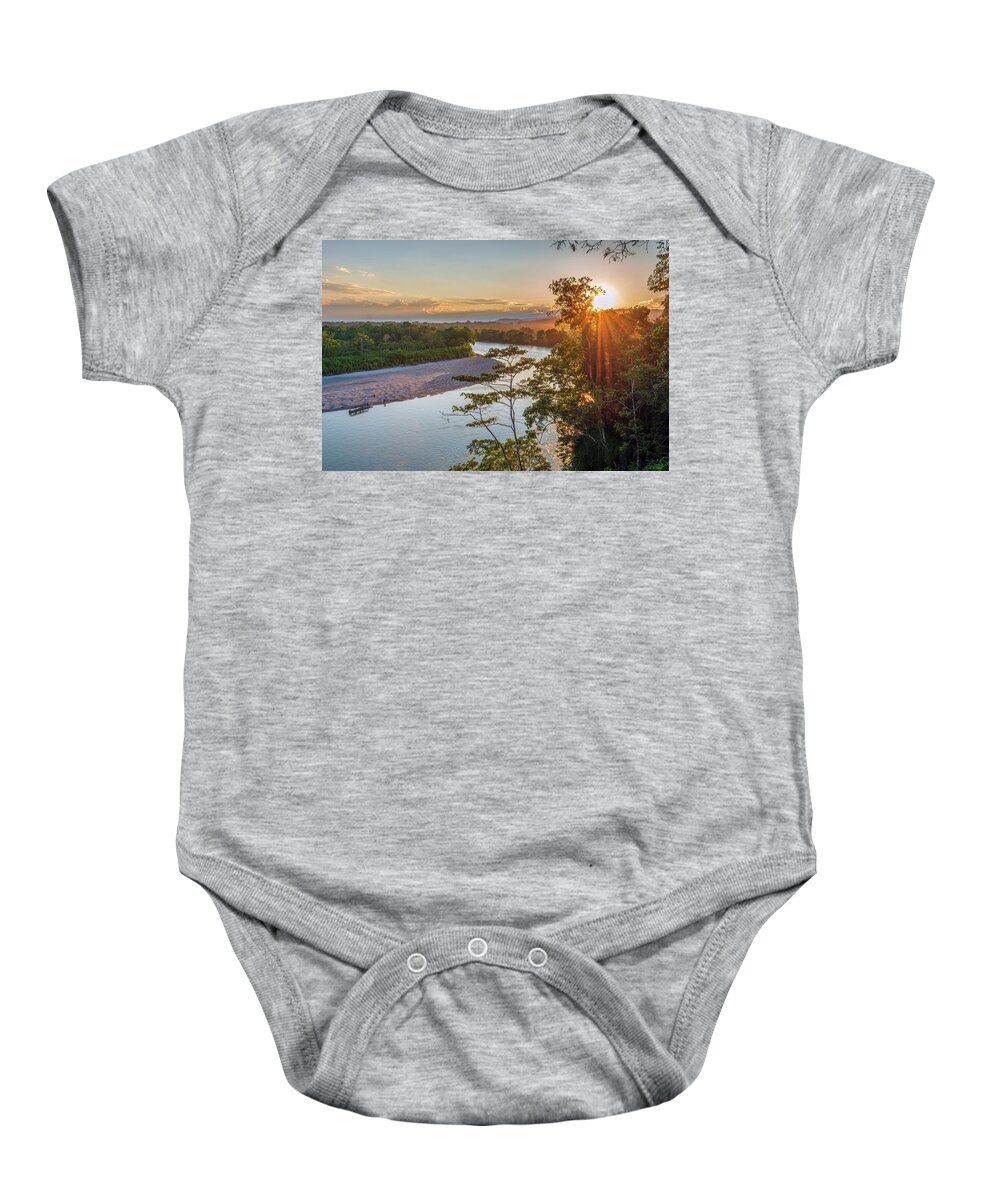 Ahuano Baby Onesie featuring the photograph Sunset Napo river by Henri Leduc