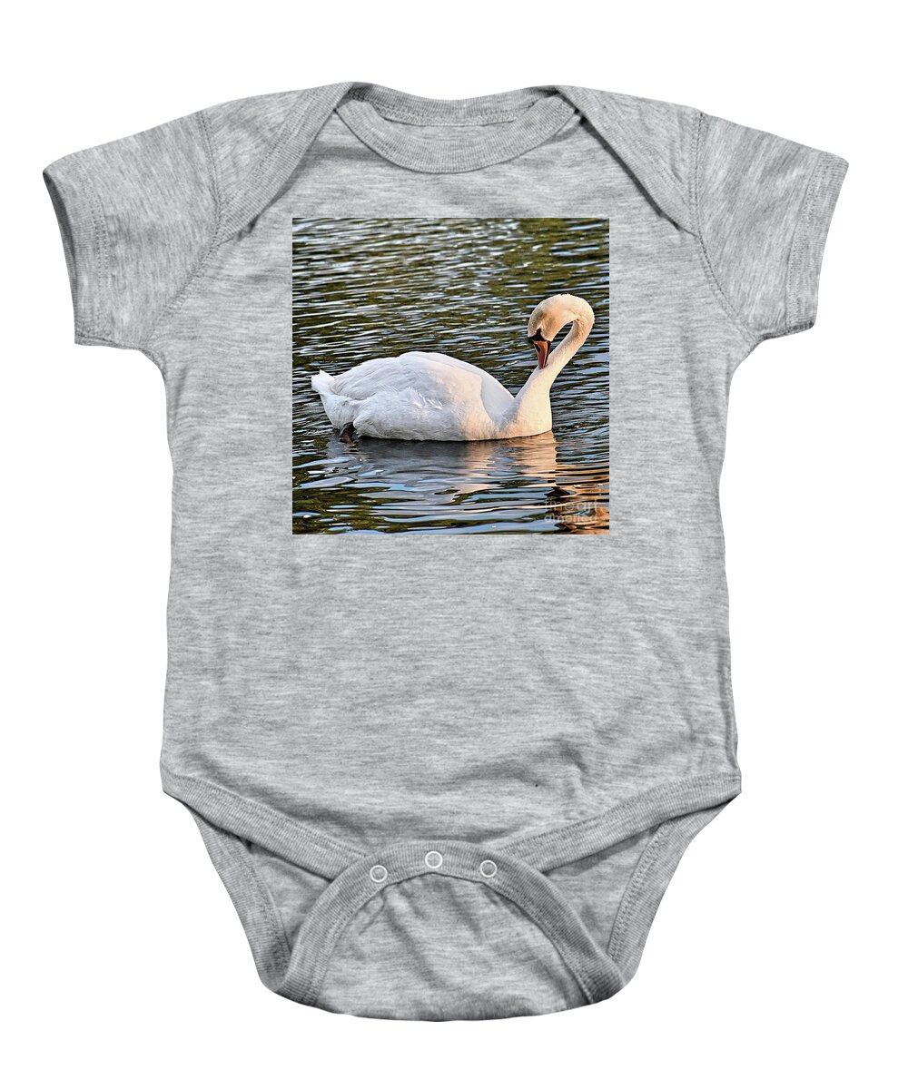 Mute Swan Baby Onesie featuring the photograph Sunset Swan by Linda Brittain