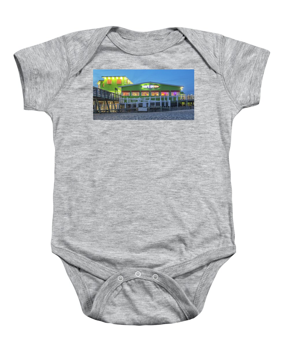 Surfs Up Baby Onesie featuring the photograph Surfs Up Grill and Bar - Emerald Isle North Carolina by Bob Decker