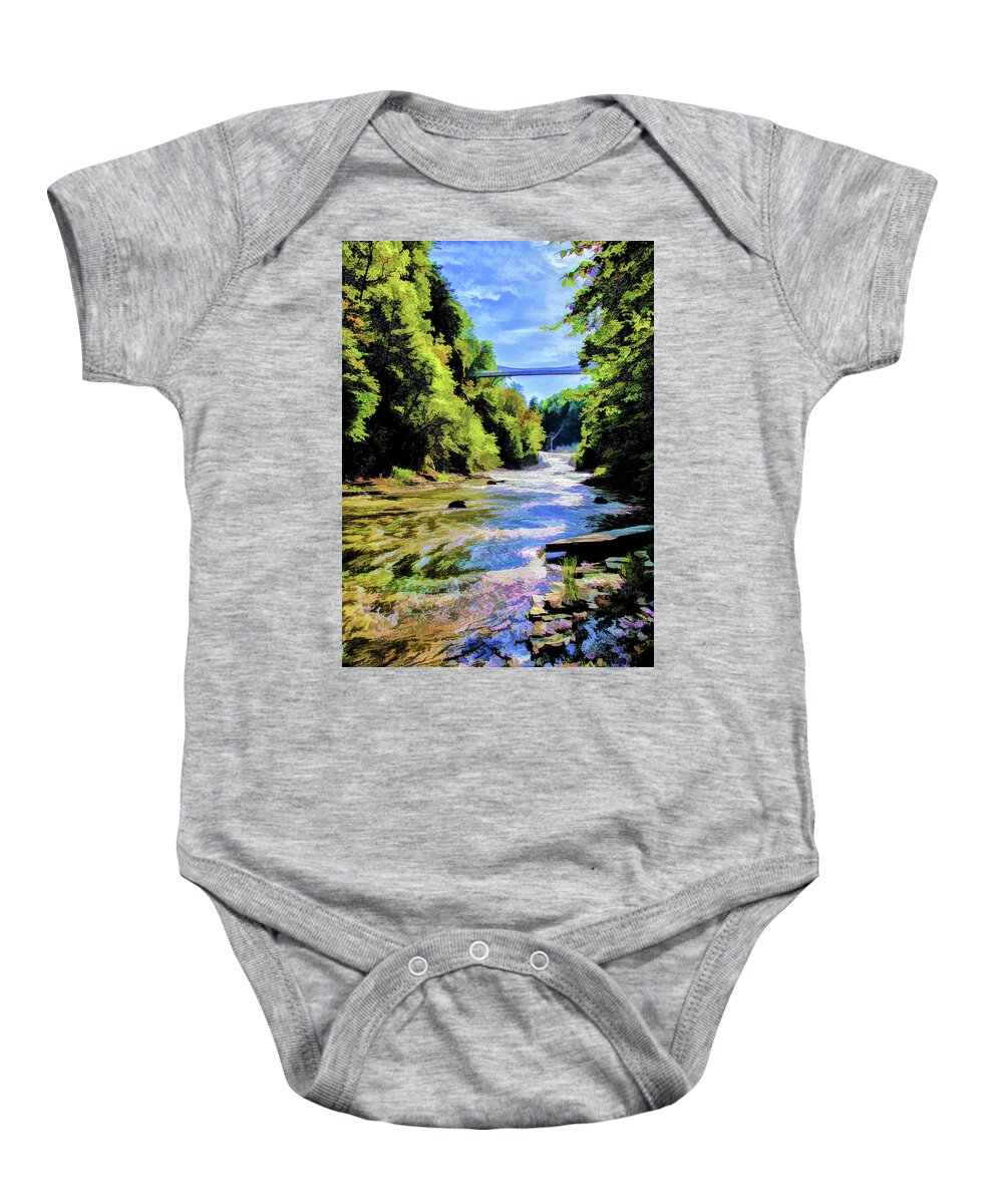 Impressionist Baby Onesie featuring the photograph Suspension Bridge at Cornell by Monroe Payne