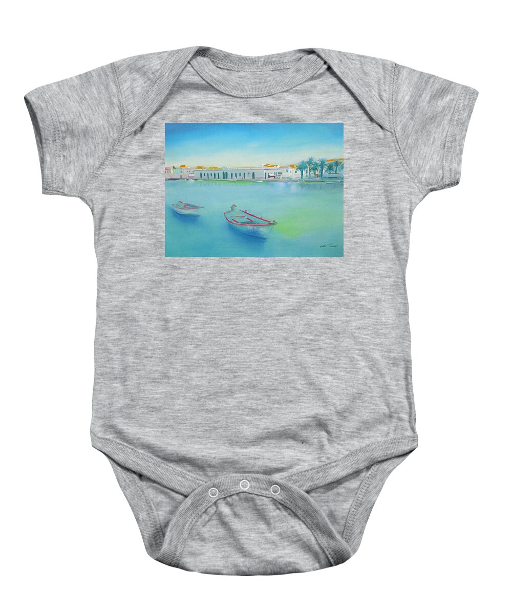 Boat Baby Onesie featuring the painting Tavira Portugal the Old Market by Charles Stuart