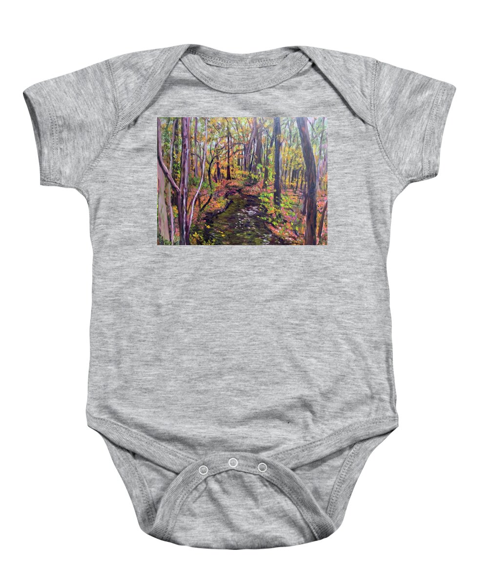 Woods Stream Fall Trees Trail Baby Onesie featuring the painting Thanksgiving woods by Beth Riso