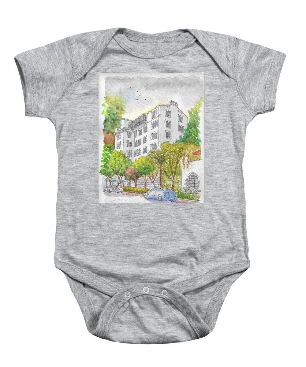 The Colonial House Baby Onesie featuring the painting The Colonial House, 1416 Havenhurst Ave., West Hollywood, California by Carlos G Groppa