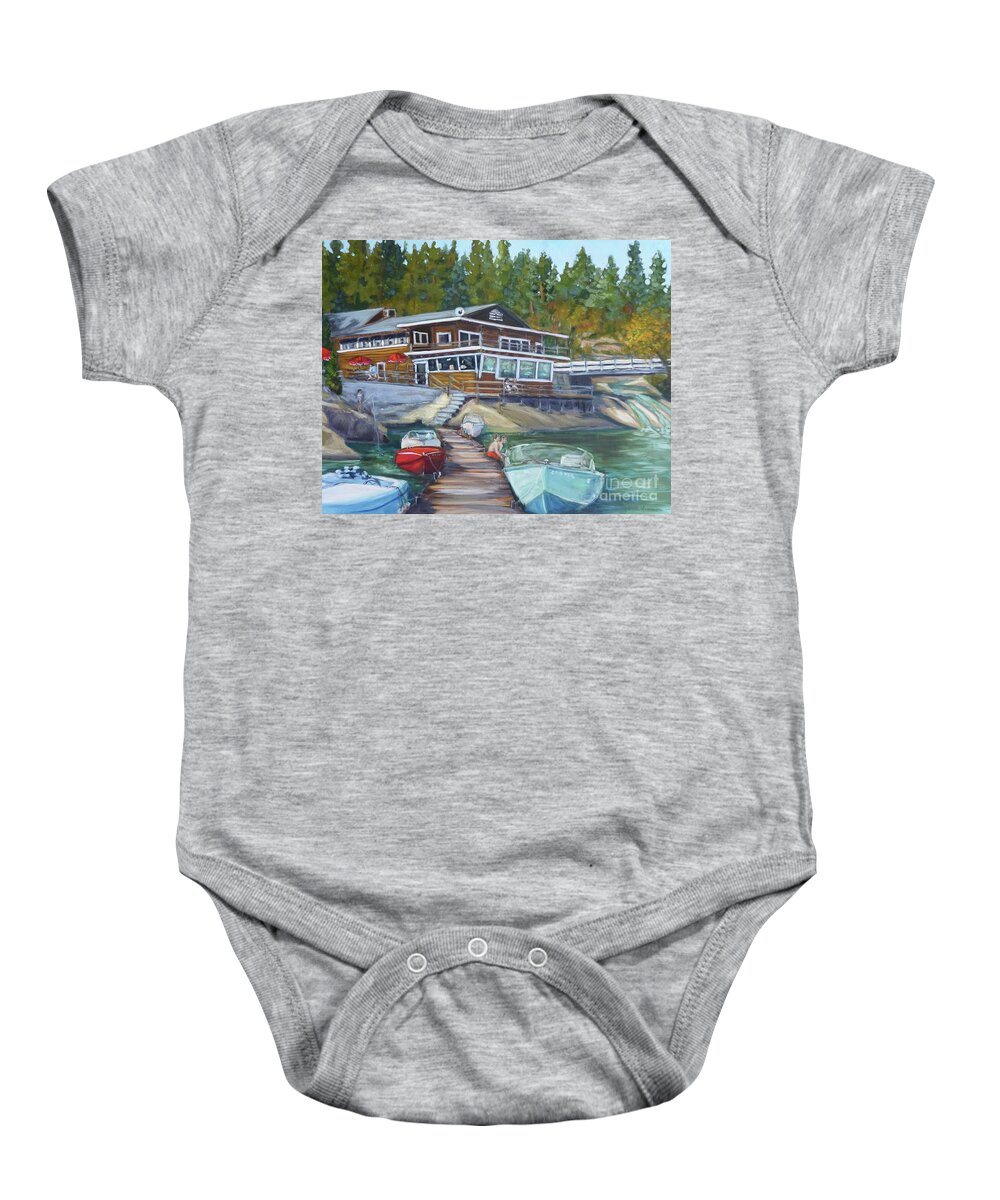 Bass Lake Baby Onesie featuring the painting The Falls Resort at Bass Lake by Mary Beth Harrison