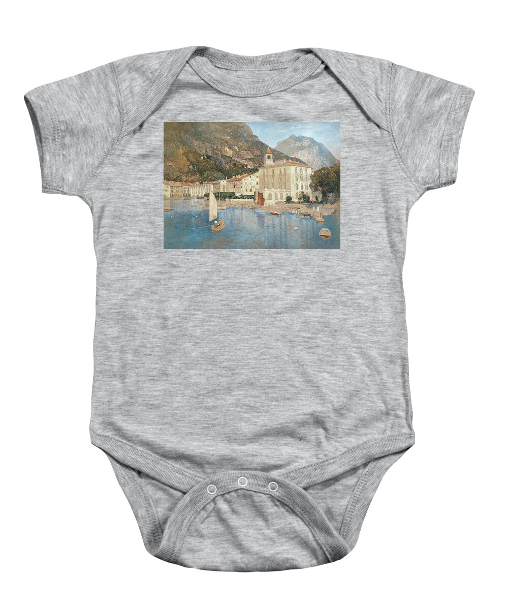 Vintage Baby Onesie featuring the painting The Harbour of Riva on Lake Garda, c. 1912 by MotionAge Designs