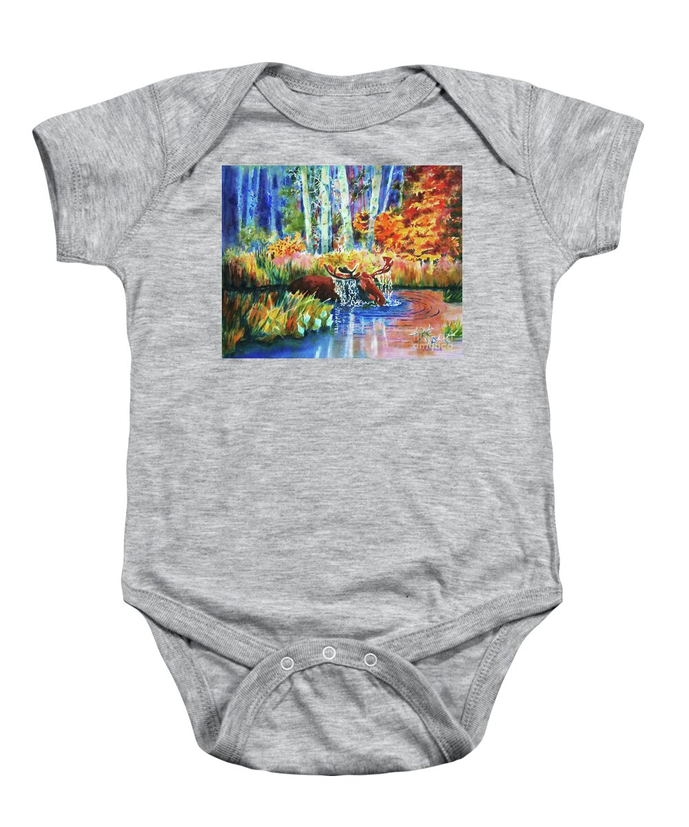 Moose Baby Onesie featuring the painting The Last Rays by Kathy Braud