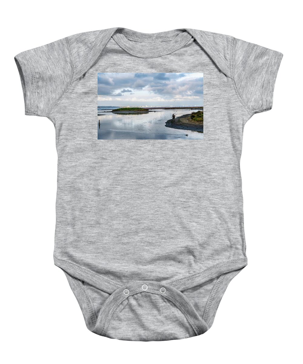 Duck Baby Onesie featuring the pyrography The Lone Duck - Malibu Lagoon by Gene Parks