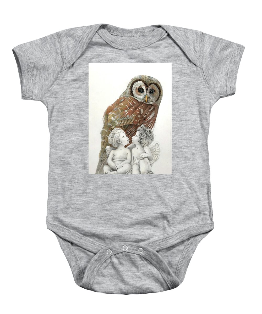 Prey Baby Onesie featuring the drawing The Owl-guardian or predator by Tim Ernst