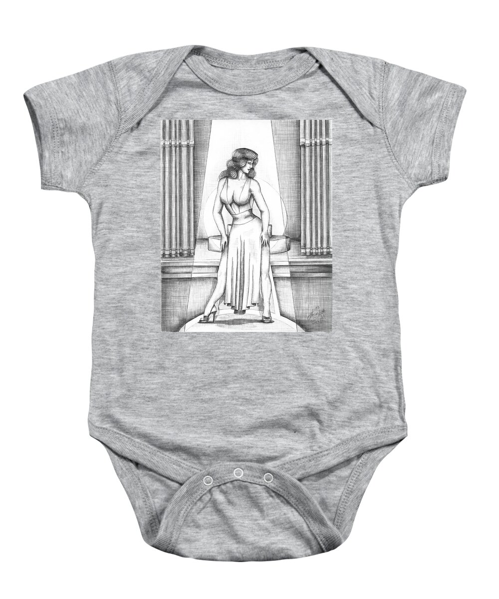 Figure Baby Onesie featuring the drawing The Performer by Scarlett Royale