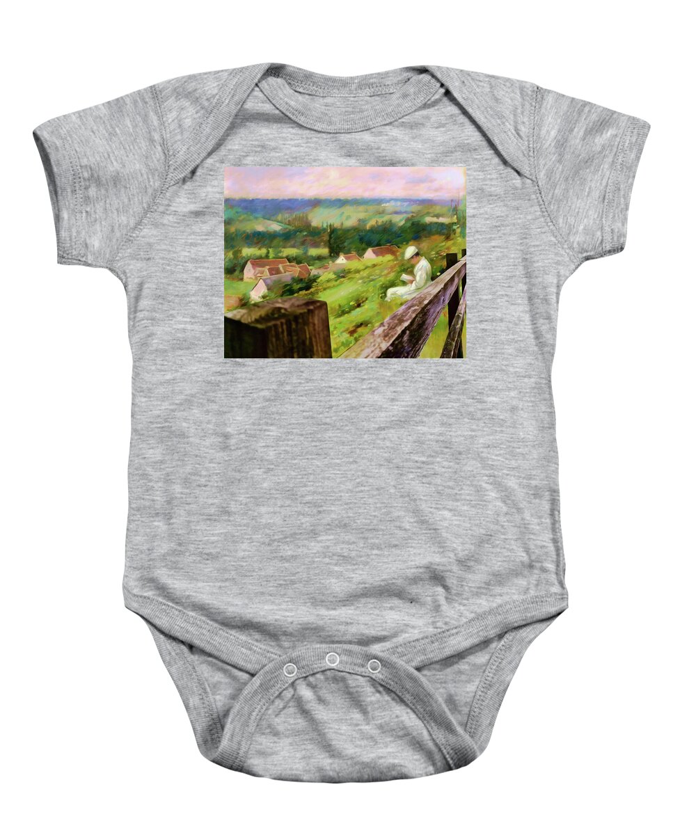 Landscape Baby Onesie featuring the digital art The Quiet Place Landscape with Woman Reading by a Fence by Shelli Fitzpatrick