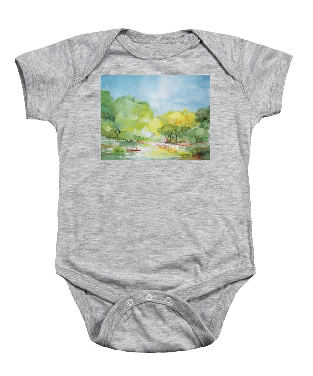 Lake Baby Onesie featuring the painting The Red Boat by Sue Kemp