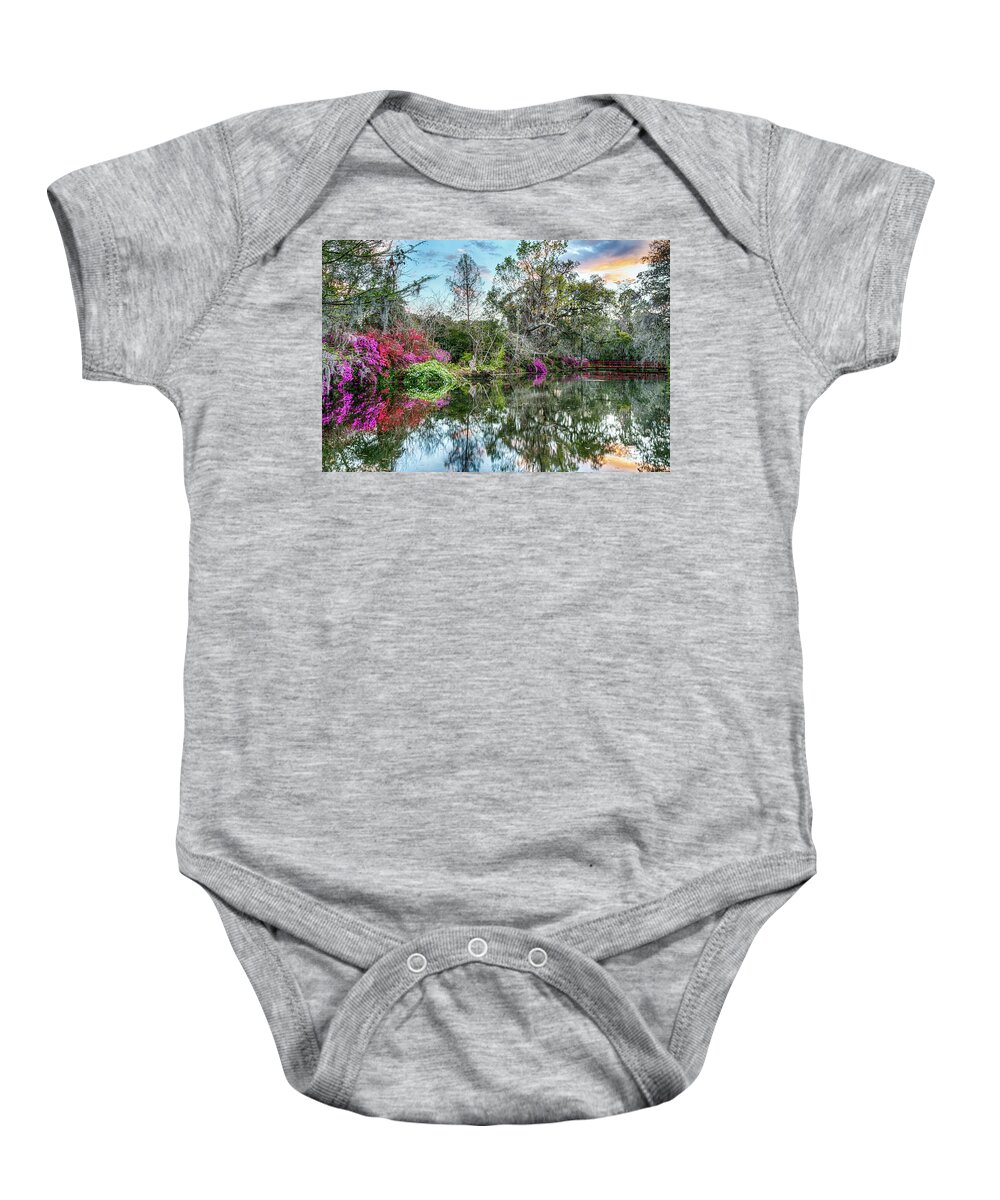  Baby Onesie featuring the photograph The Red Bridge at Sunset by Jim Miller