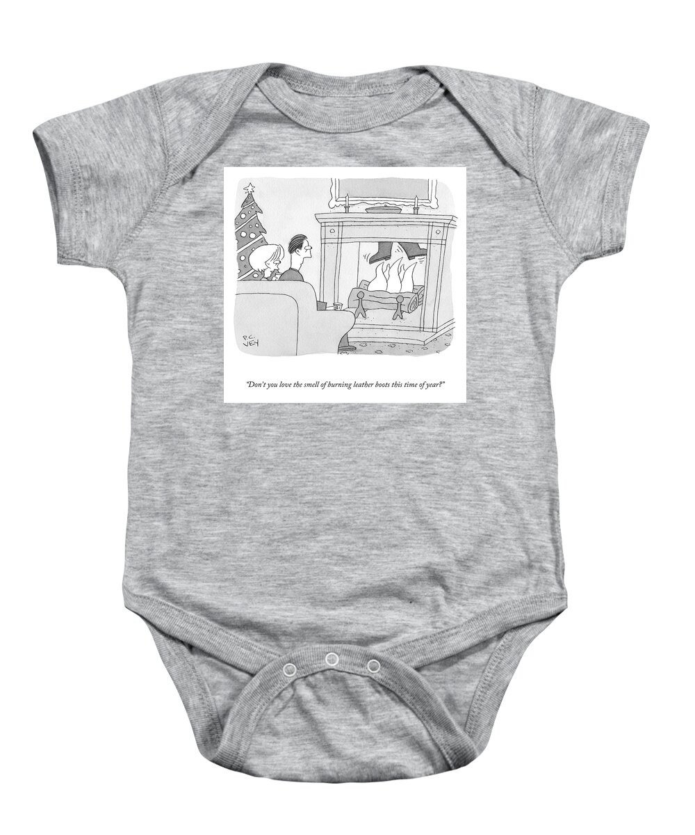 “don’t You Love The Smell Of Burning Leather Boots This Time Of Year?” Santa Claus Baby Onesie featuring the drawing The Smell of Burning Leather by Peter C Vey