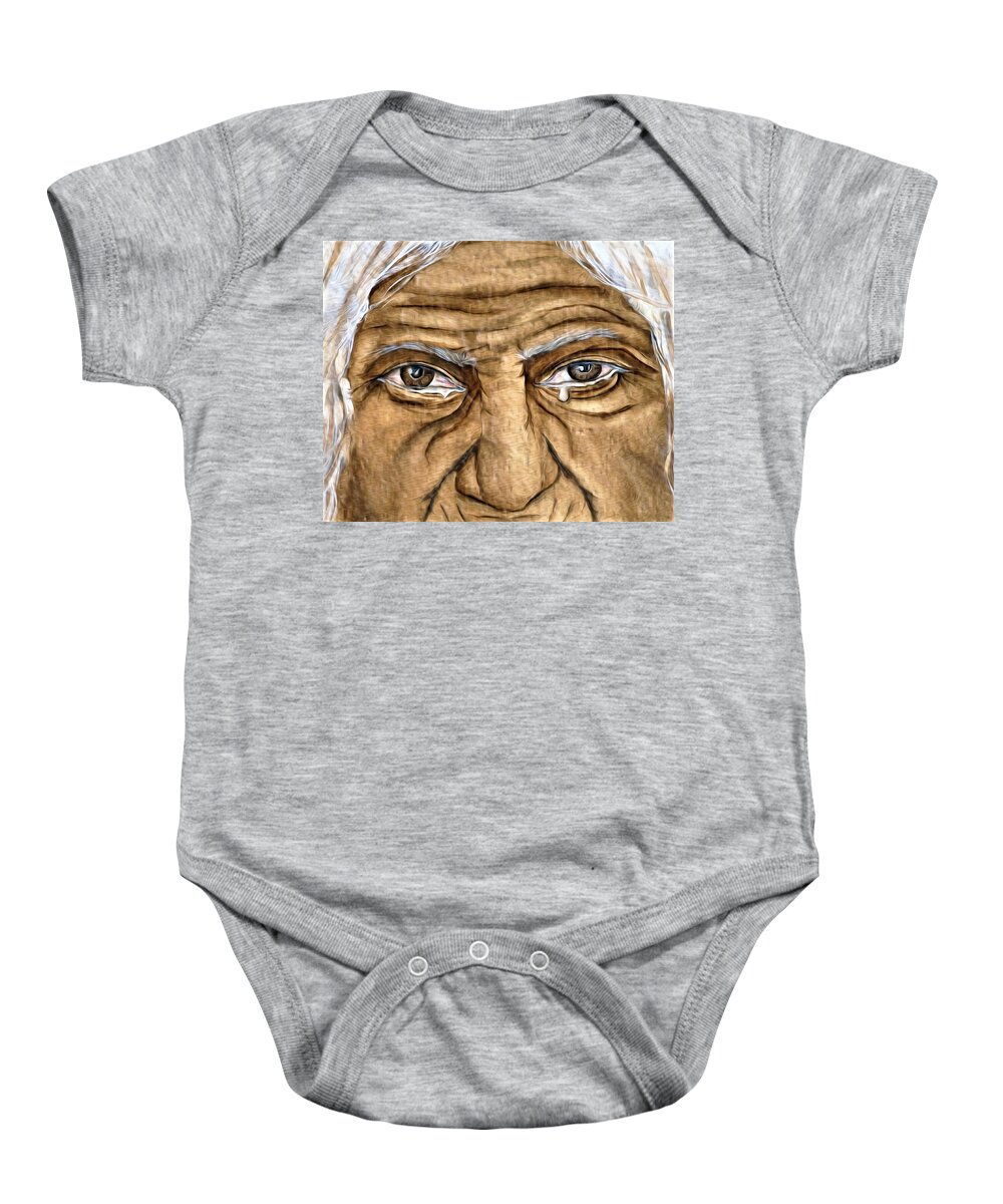 The Cry Baby Onesie featuring the mixed media The Tears of Wisdom by Kelly Mills