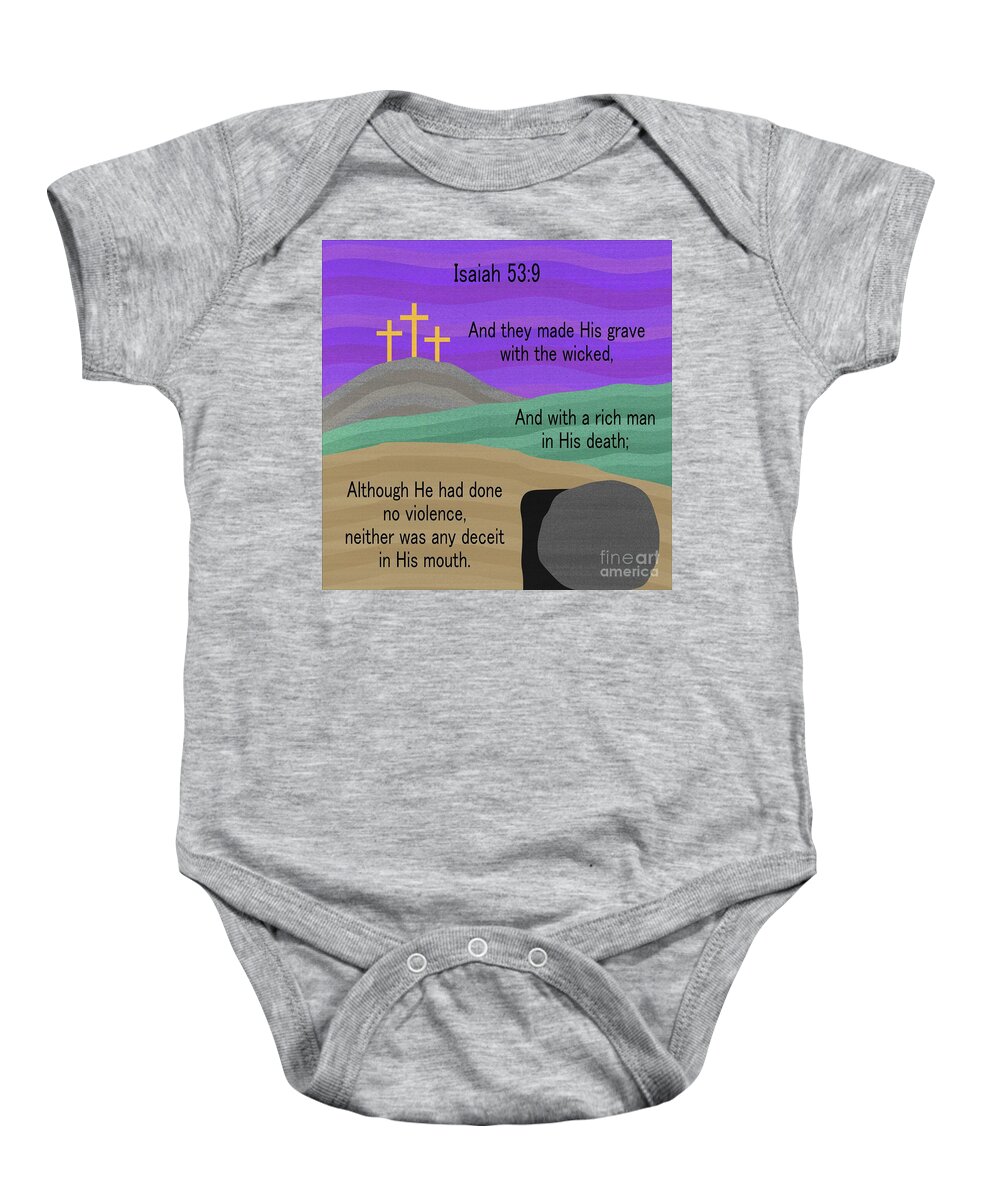 Jesus Baby Onesie featuring the mixed media The Tomb and the Cross by Donna Mibus