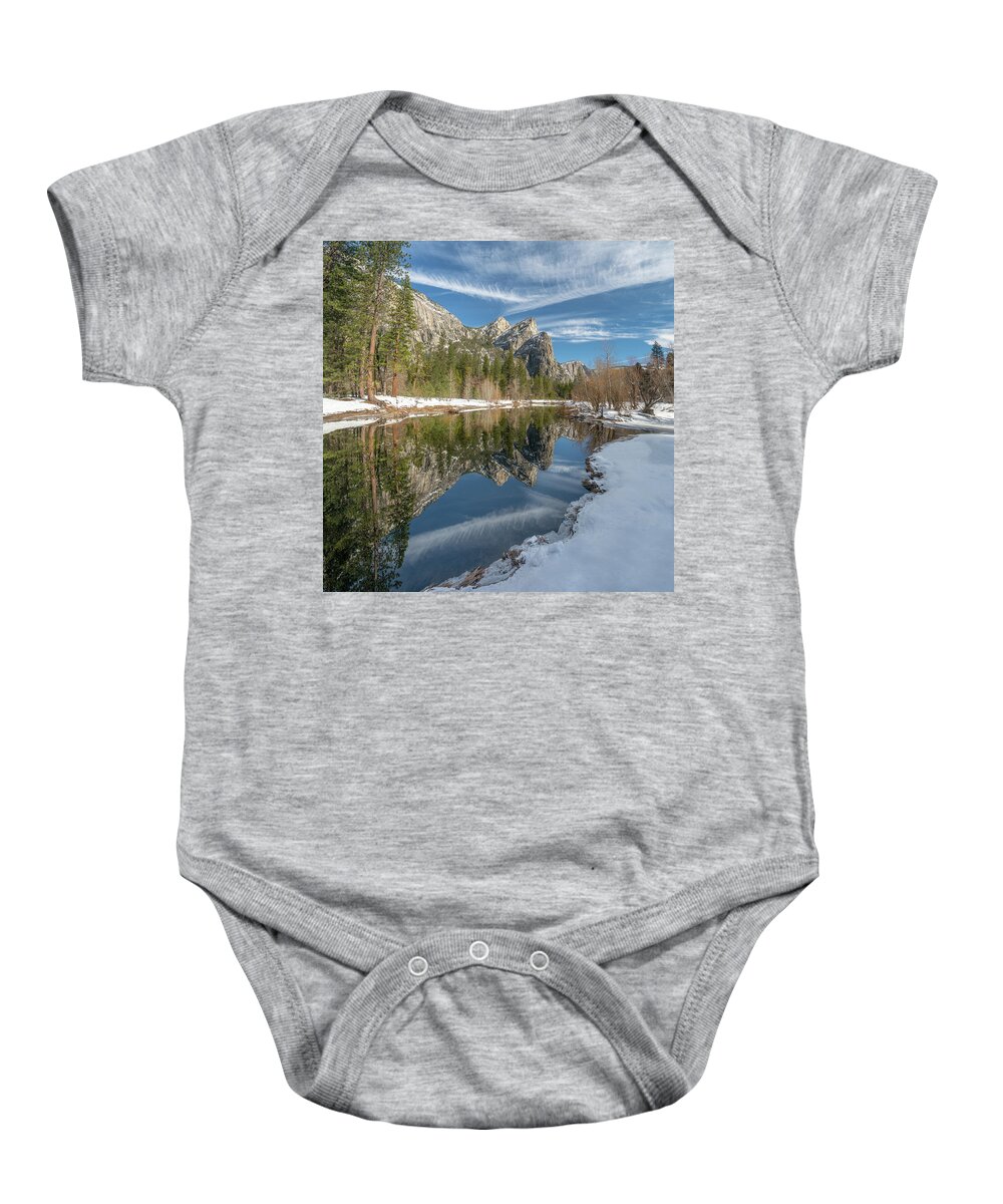 Yosemite Baby Onesie featuring the photograph Three Brothers Winter Reflection by Kenneth Everett