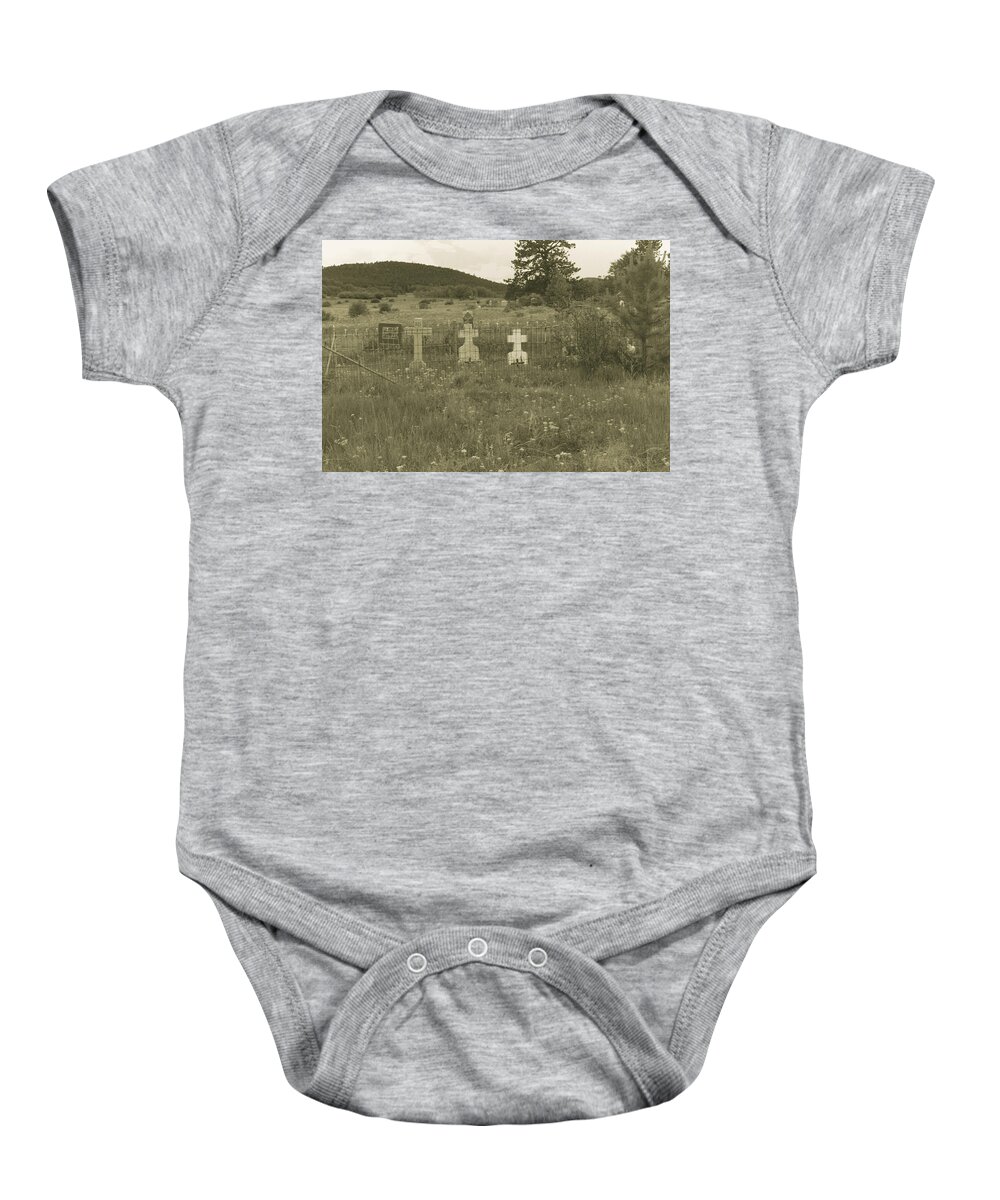 Gravesites Baby Onesie featuring the photograph Three Crosses Cemetery by Cathy Anderson