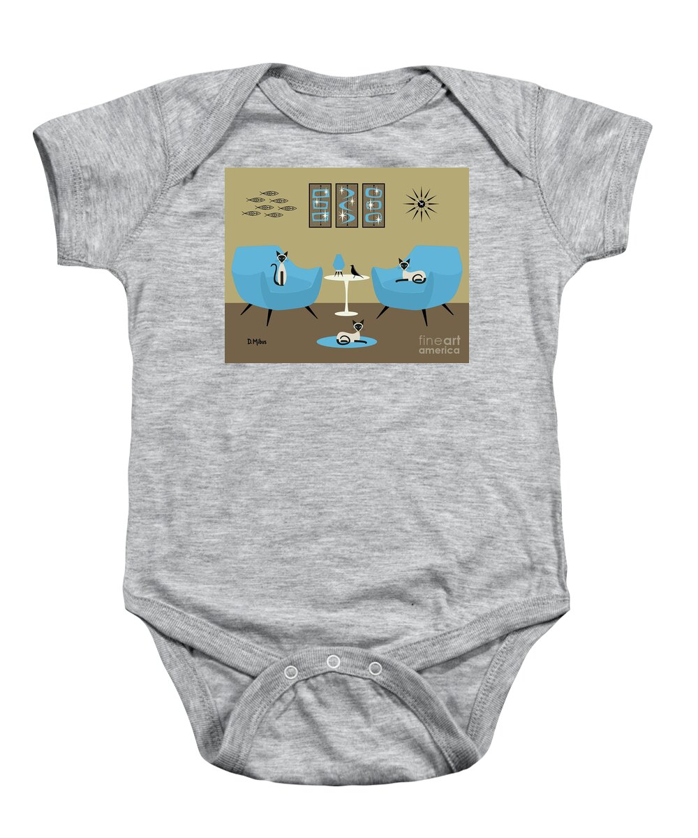 Mid Century Siamese Cats Baby Onesie featuring the digital art Three Siamese in Blue Chairs by Donna Mibus