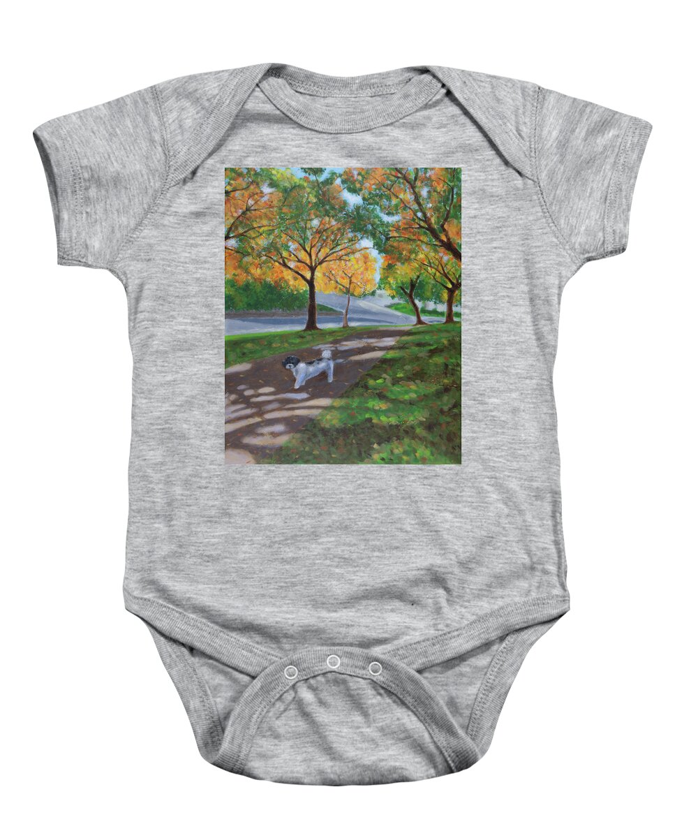 Landscape Baby Onesie featuring the painting Toby at Park by Janet Yu