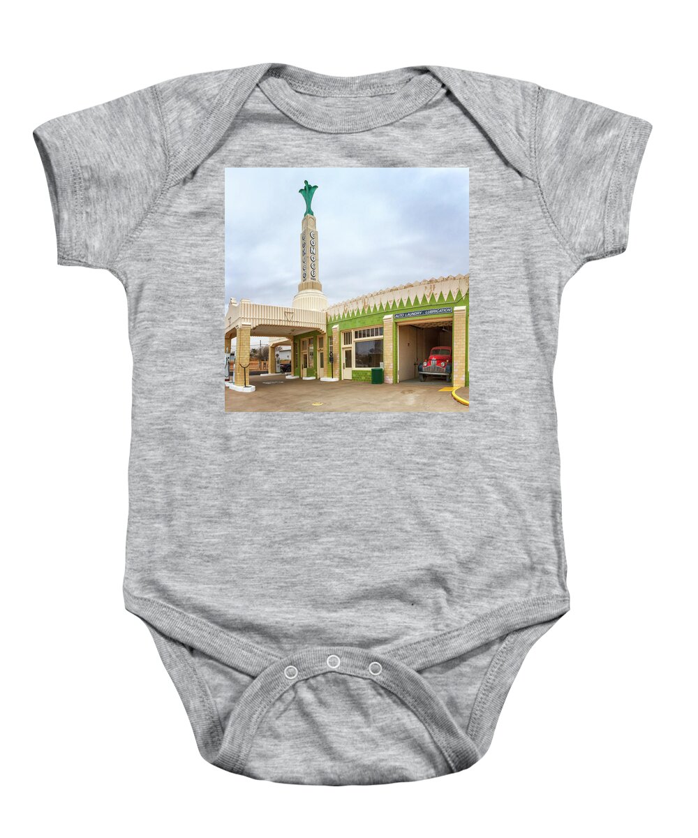 Conoco Tower Station Baby Onesie featuring the photograph Tower Station - Route 66 - Shamrock Texas by Susan Rissi Tregoning