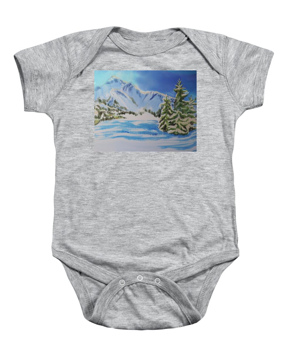 Landscape Baby Onesie featuring the painting Towering Pines by Mary Gorman