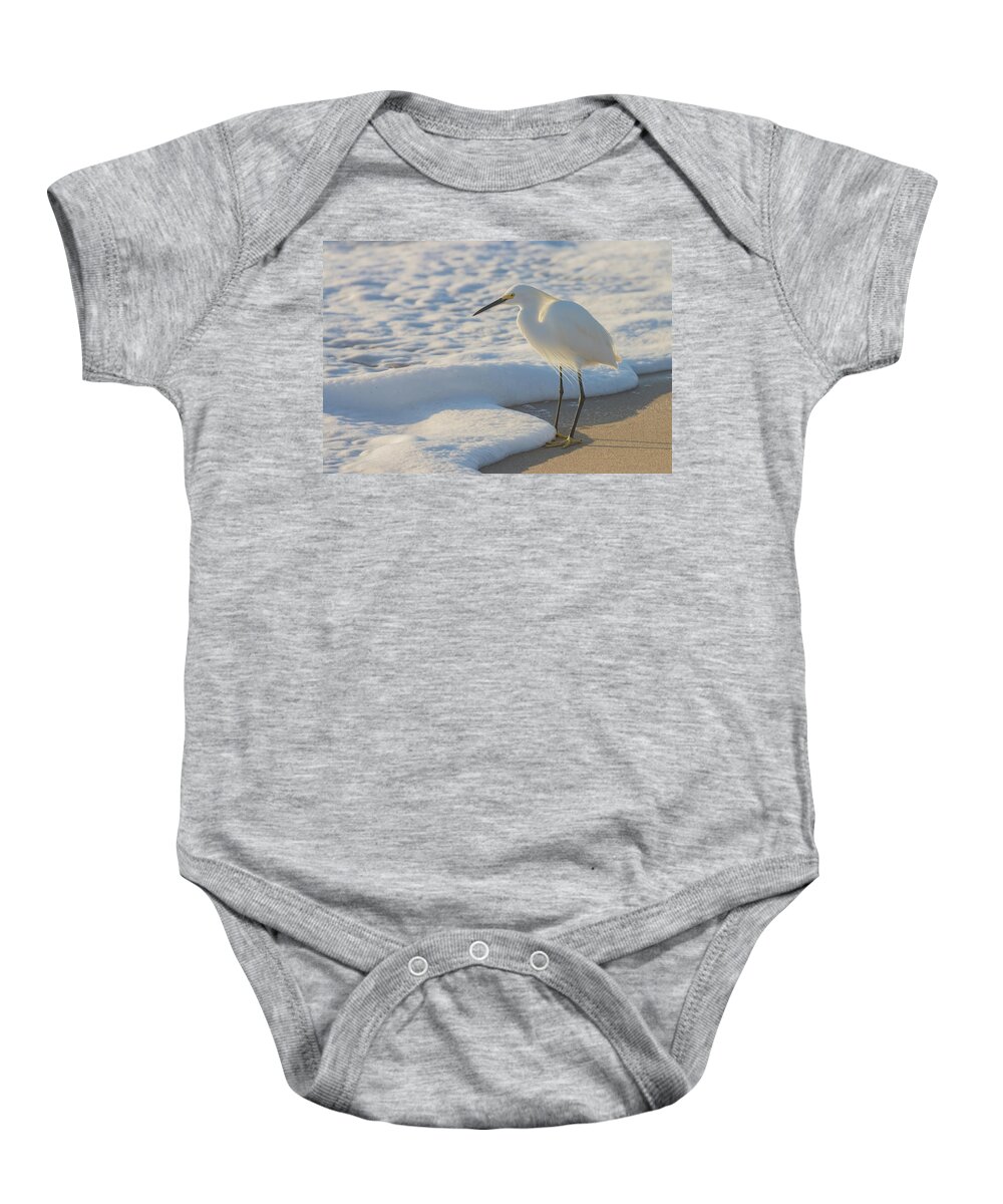 Snowy Egret Baby Onesie featuring the photograph Treasures of the Foam by RD Allen