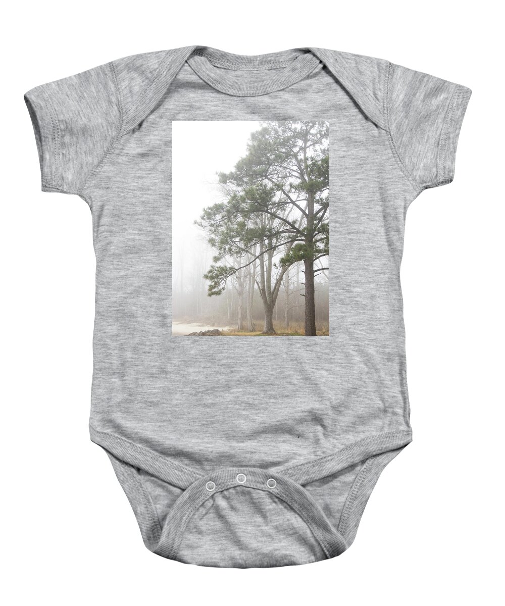 Trees Baby Onesie featuring the photograph Trees in Fog Along the Banks of the Neuse River-Eastern North Carolina by Bob Decker