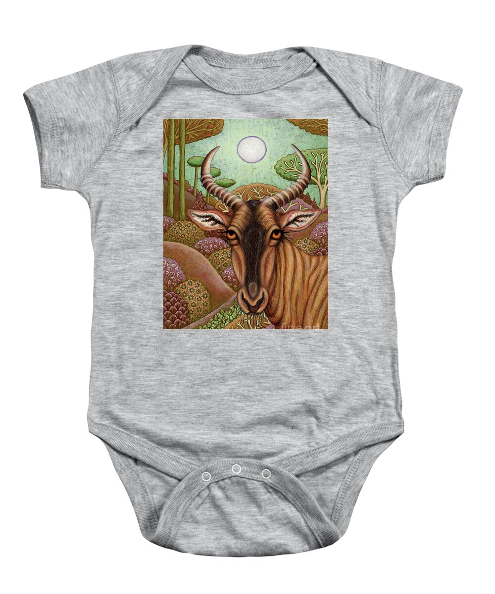 Antelope Baby Onesie featuring the painting Tsessebe Antelope Adventure by Amy E Fraser