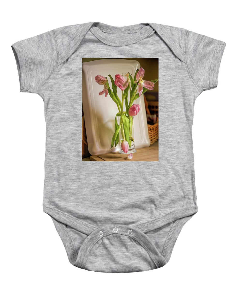 Pink Tulips Baby Onesie featuring the photograph Tulips On A Cutting Board In the Kitchen by Cordia Murphy