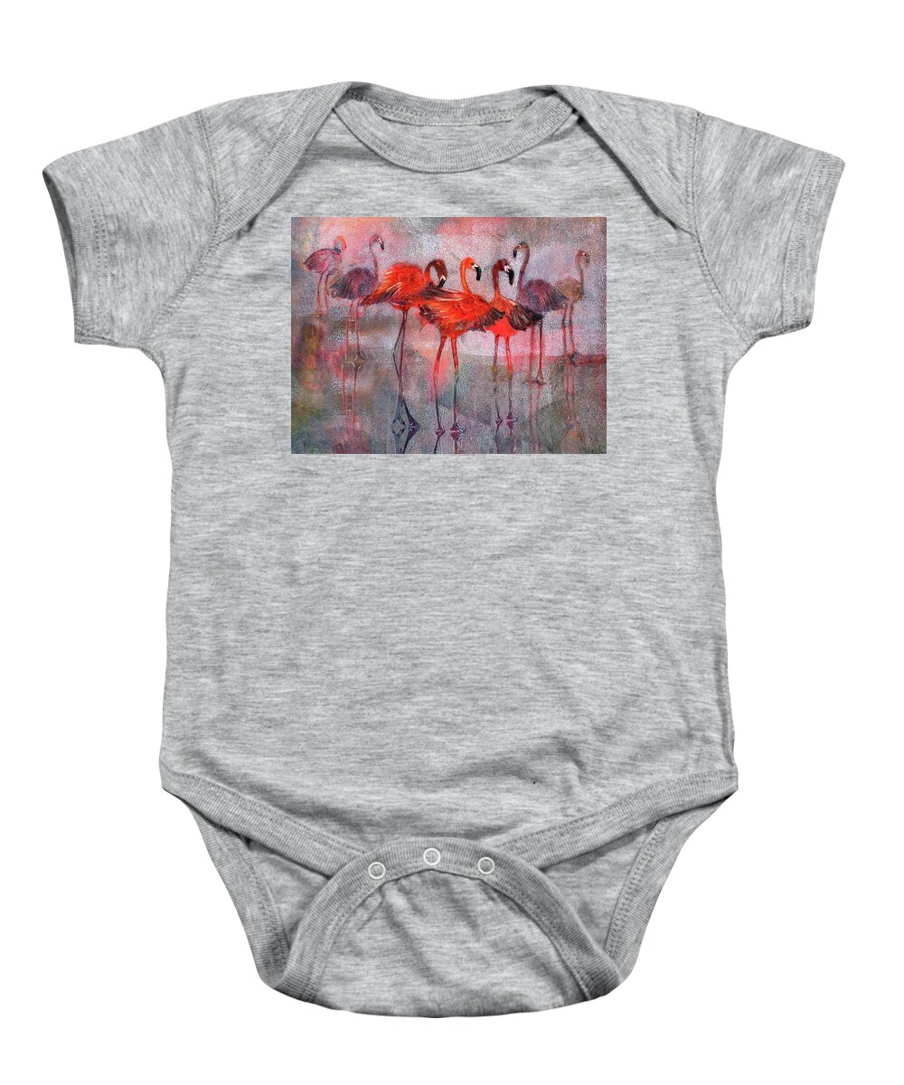 Flamingos Baby Onesie featuring the painting Turner's Flamingos by Lucy Lemay
